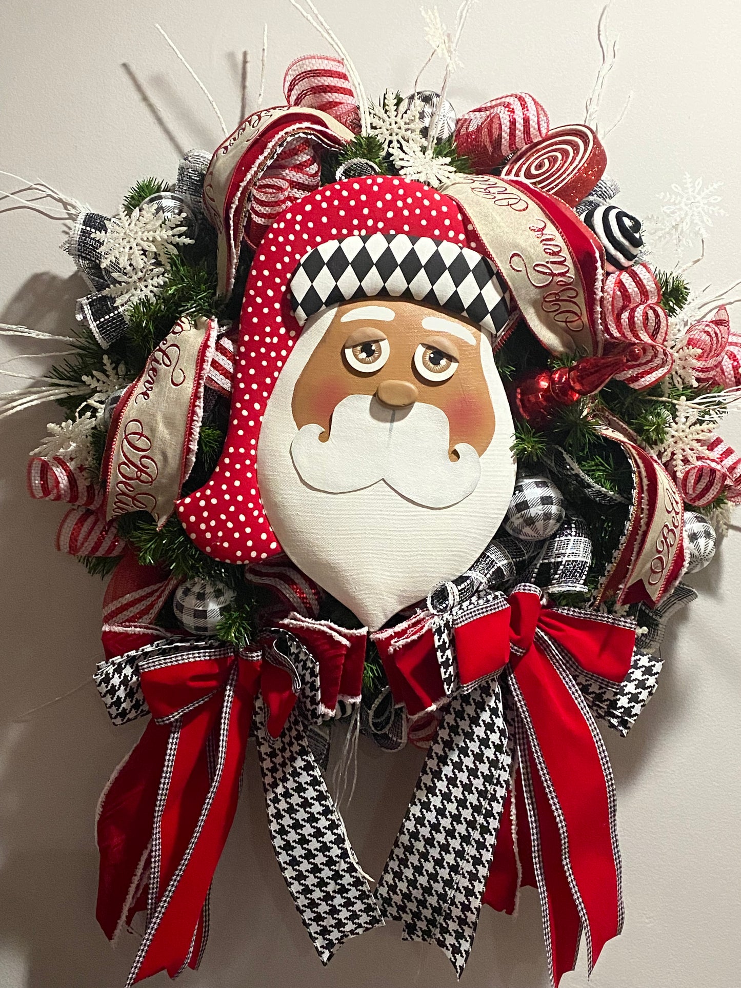 Black Santa Wreath for front door or inside wall decor. shipping Included